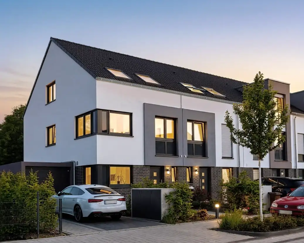 architektur-fotograf-immobilien-wohnhaus Ein Haus in der Abenddämmerung, zur goldenen Stunde. Photoshop Bearbeitung einer Tageslicht-Aufnahme des Architektur Fotografen Dirk Baumbach in Köln.